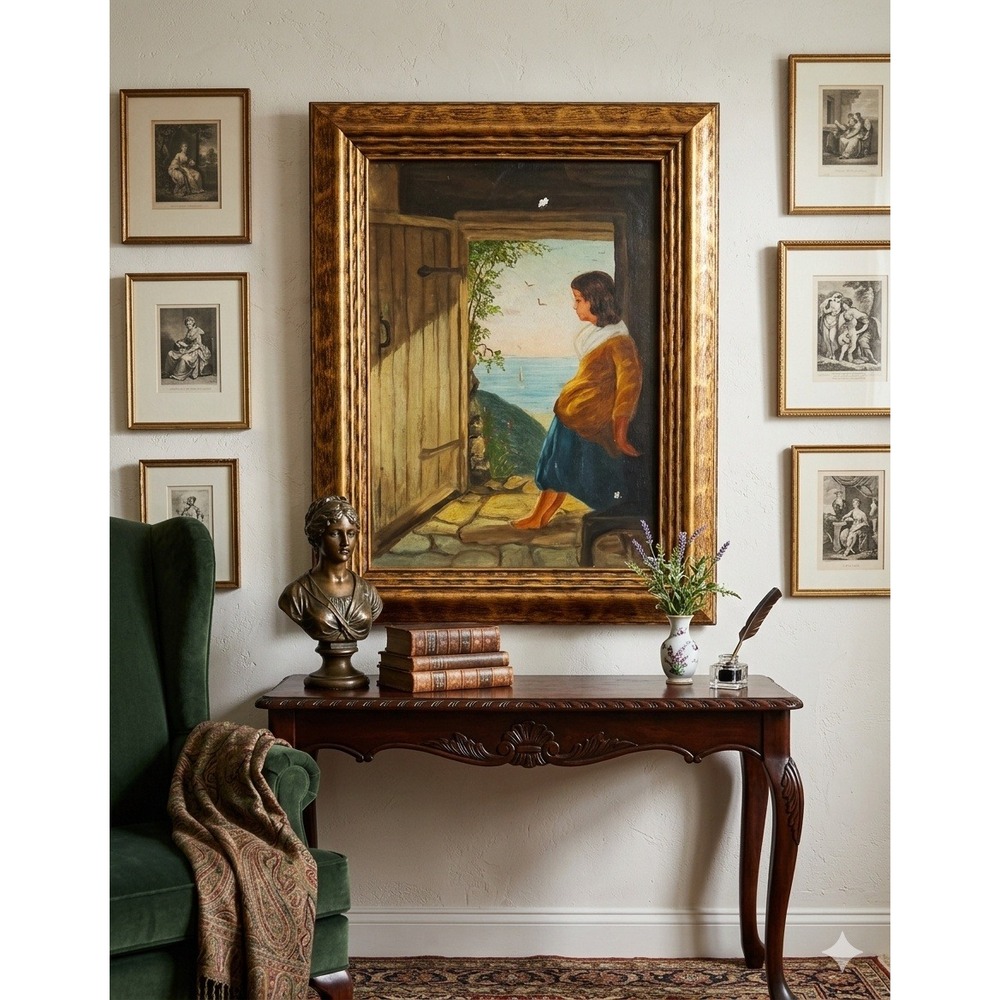 Antique Oil on canvas painting of a woman in a Ornateā gold-toned wooden frame